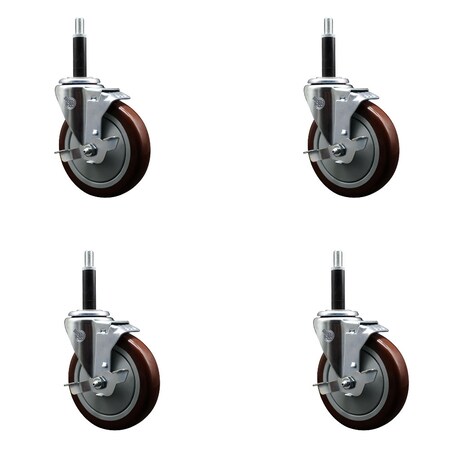 Service Caster 5'' SS Maroon Poly Swivel 3/4'' Expanding Stem Caster Set with Brake, 4PK SCC-SSEX20S514-PPUB-MRN-TLB-34-4